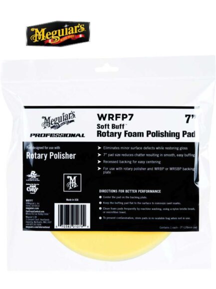 Meguiar's® Soft Buff™ WRFP7 Rotary Polishing Pad, 7 in Dia, Hook and Loop Attachment, Foam Pad, Yellow