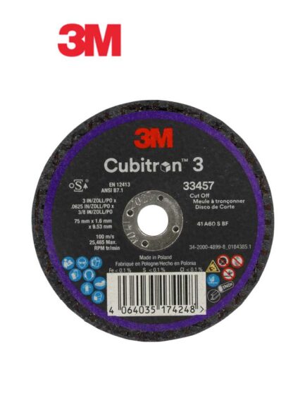 3M™ Cubitron™ 3 Cut-Off Wheel 33457, 75 mm x 1.6 mm x 9.53 mm, 5 EA/PK, 6 PK/CS
