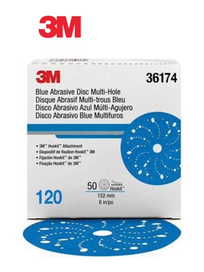 3M™ 36174 321U Series Multi-Hole Abrasive Disc, 6 in Dia, 120 Grit, Hook and Loop, Blue